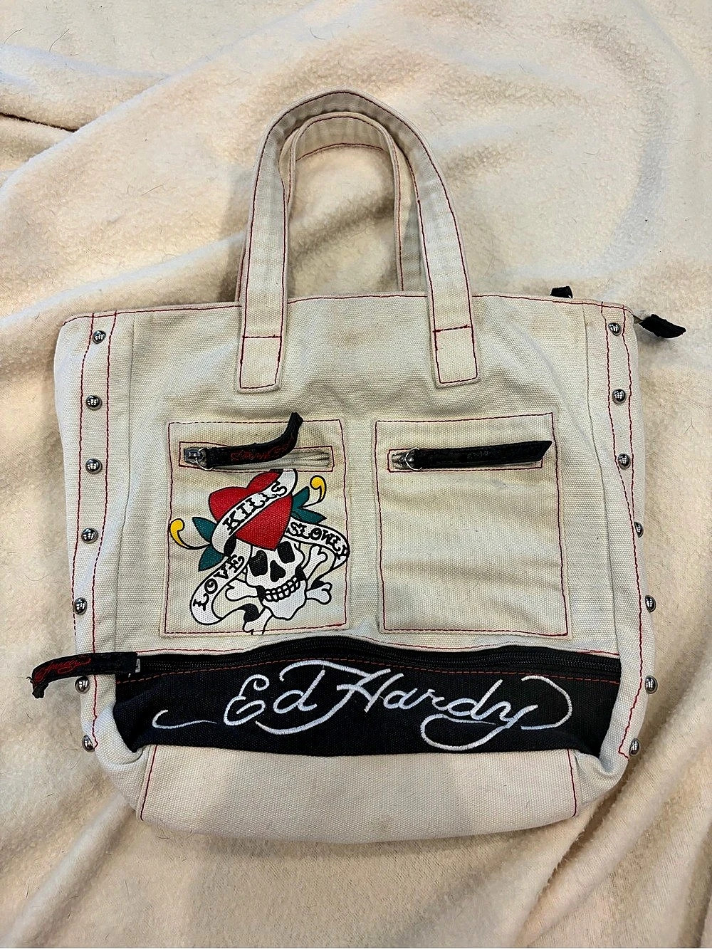Ed Hardy Graphic Canvas Tote in Cream & Black